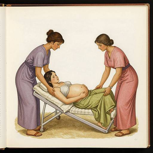 Illustration of two women in ancient-style dresses assisting a pregnant woman lying on a reclining chair, with a white background.