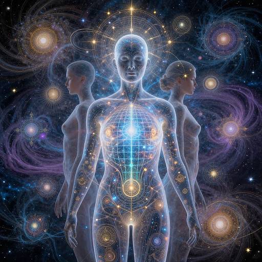 Digital art of a glowing, translucent female figure with star and grid patterns on her body, flanked by two shadowy figures, set against a cosmic