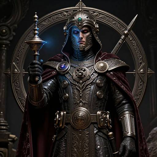 Digital artwork of a dark, armored medieval king with glowing blue eyes, holding a silver staff, surrounded by ornate circular halo.