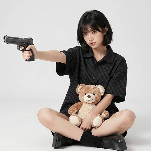 Intense Young Woman with Pistol Pose