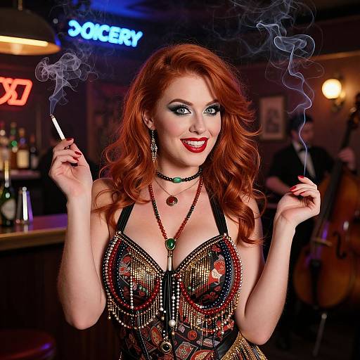 Photograph of a red-haired woman with curly hair, wearing a beaded, strapless dress, red lipstick, and multiple necklaces, smoking a