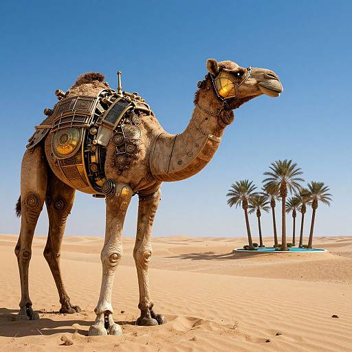Photograph of a loaded camel with ornate saddle and glowing eye patches, standing in a bright, clear desert with palm trees in the background.