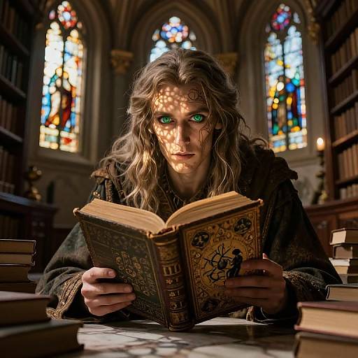 Photorealistic digital art of a long-haired, green-eyed person with sunlit face, reading an ornate book in a dimly lit, stained