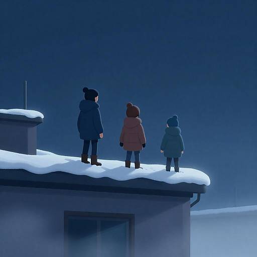 Children on a Snowy Rooftop at Night