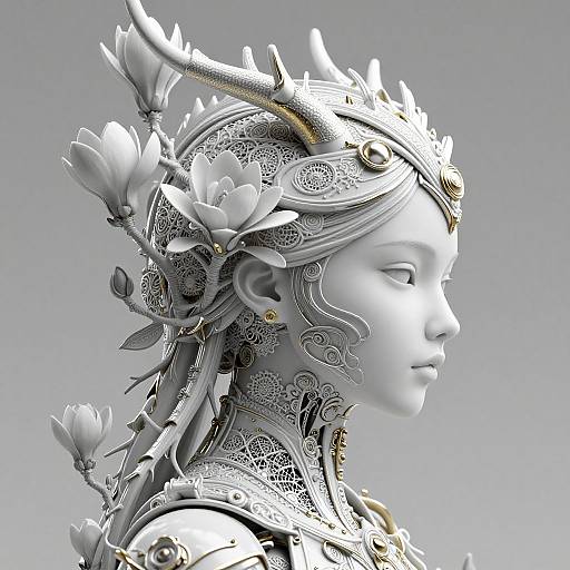 Digital CGI of a white, ethereal, side-profile female figure with intricate floral and horned headgear, featuring detailed patterns and gold accents.