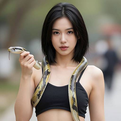 Photograph of an Asian woman with black hair, wearing a black sports bra, holding a snake coiled around her neck, outdoors.