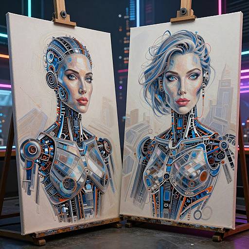 Digital art of two cybernetic women with blue hair and mechanical bodies, detailed with circuits and wires, displayed on easels in a neon-lit