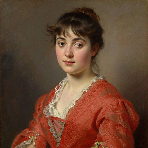 19th-century portrait of a young woman with fair skin, dark brown hair in a loose bun, wearing a red lace-trimmed dress, soft