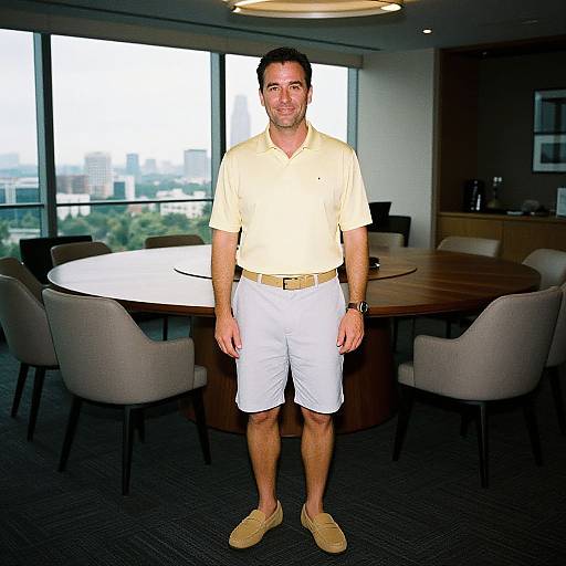 Photograph of a smiling man in a yellow polo, white shorts, and tan loafers standing in a modern office with large windows.