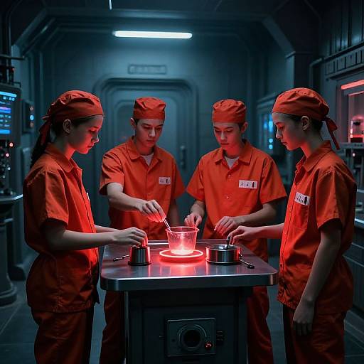 Photograph of four women in orange prison uniforms, standing around a glowing red table in a dimly lit, futuristic lab. They focus intently on