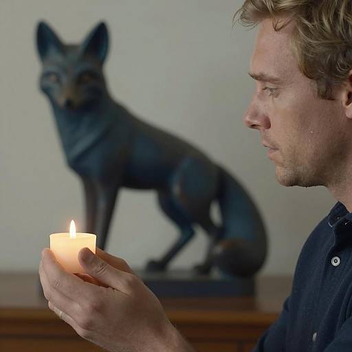Man Holding Lit Candle with Fox Statue Background