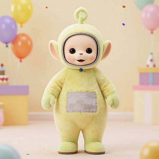 CGI image of a cute, yellow, plush monkey costume with a smiling face, standing in a bright, festive room with balloons and gift boxes.