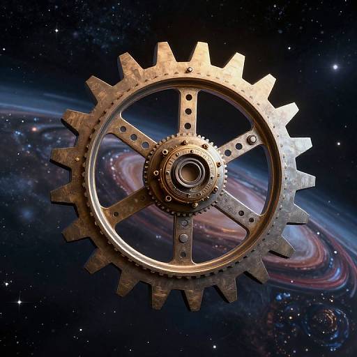 Digital artwork of a metallic, industrial gear floating in outer space, with a colorful spiral galaxy background and star-filled sky.
