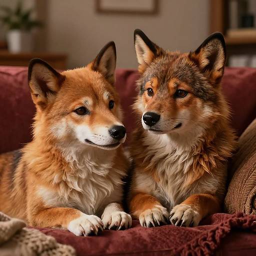 Photograph of two fluffy, reddish-brown and black Siberian Huskies with white chests, lying on a red velvet couch, gazing