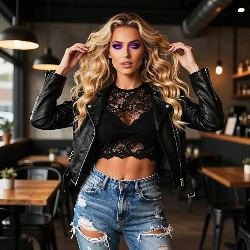 Confident Blonde Woman in Industrial Café