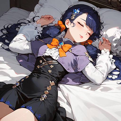 Digital anime-style illustration of a young woman with long dark blue hair, orange bow, and black dress, sleeping on a white pillow. Her eyes are