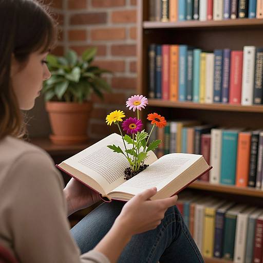 Photograph of a woman with brown hair reading a book with small flowers inside, sitting in a cozy library with brick walls and bookshelves in the