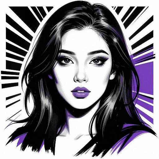 Digital pop art portrait of a woman with long black hair, white and purple monochromatic face, bold black and white background rays.