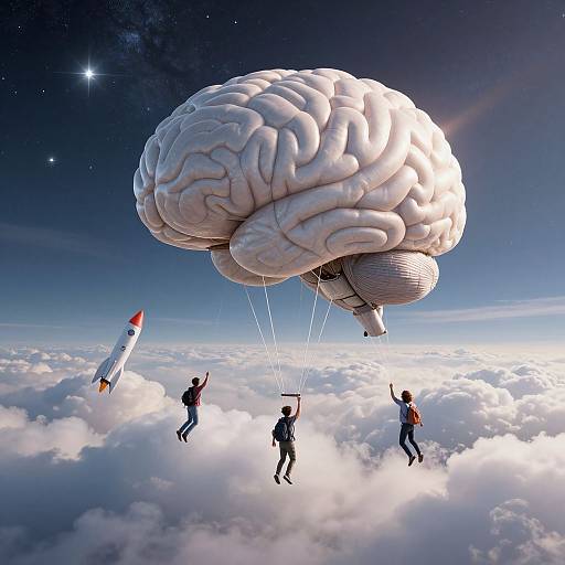 Digital art: Five silhouetted people ascending in a giant white brain-shaped balloon with rocket lines, above a cloudy sky at night.