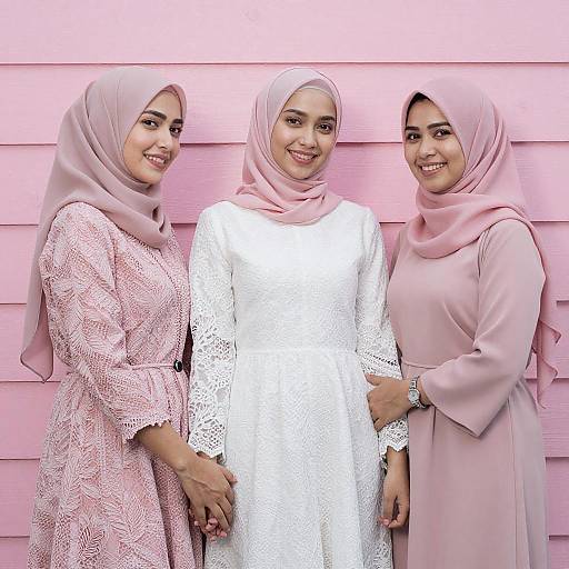Joyful Women in Hijabs by Pink Wall