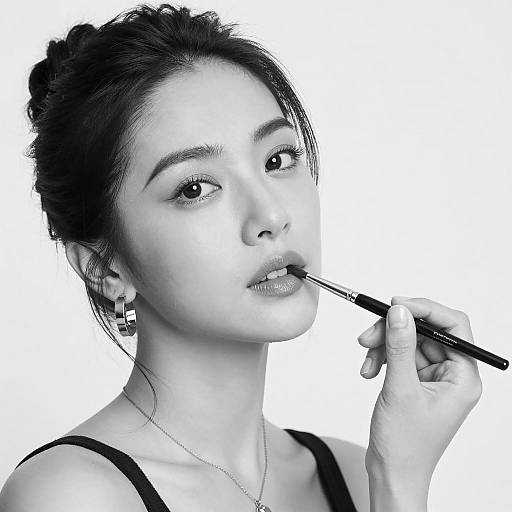 Black and White Portrait of Woman Applying Lipstick