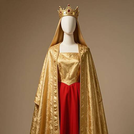 Photograph of a white mannequin wearing a gold crown, gold textured cloak over a red dress, against a plain beige background.