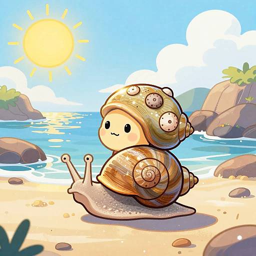 Cheerful Cartoon Hermit Snail at Tide Pool