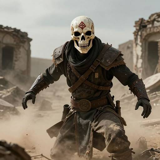 Digital artwork of a skeletal warrior with a red symbol on the forehead, wearing dark, rugged armor, running through a ruined, dusty battlefield.