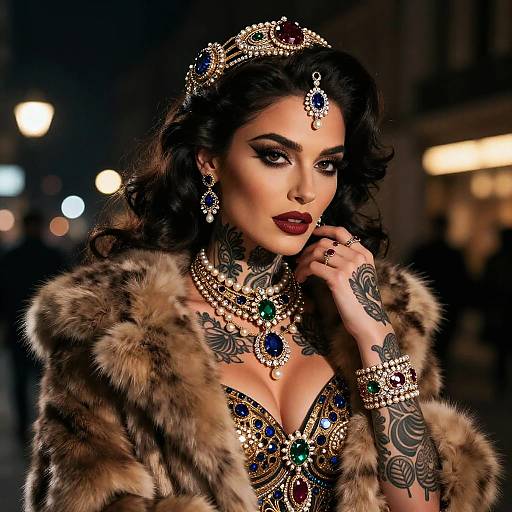 Photograph of a dark-haired woman in a fur coat, adorned with intricate jewelry and tattoos, wearing a tiara and deep red lipstick, standing in