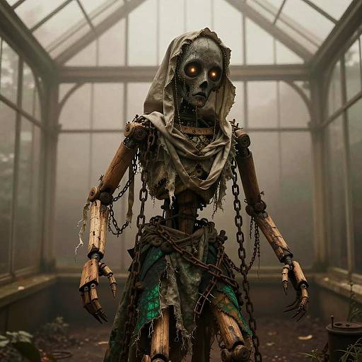 Possessed Marionette in Foggy Victorian Greenhouse