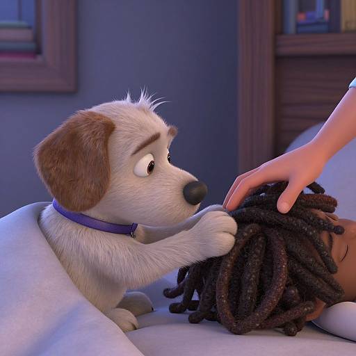 Digital CGI image of a white and brown cartoon dog with a purple collar gently touching dark dreadlocks while a hand rests on them. Background shows a blue