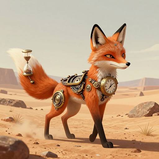 Digital artwork of a red fox with ornate, clockwork armor in a desert, featuring a clock on its tail and chest.