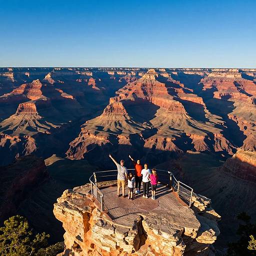 Photograph of four people standing on a Grand Canyon observation deck, overlooking vast, sunlit, rugged terrain with deep shadows. Clear blue sky above.