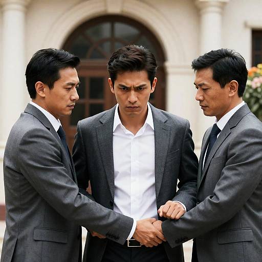 Three Men Posing Outside a Building