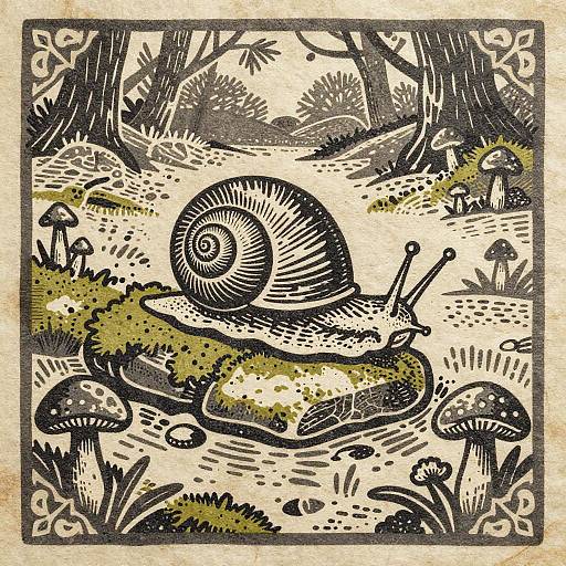 Rustic Woodcut Snail in Woodland
