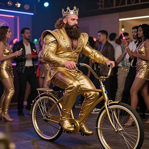 Photograph of a bearded man with a crown, wearing a gold, metallic suit and boots, riding a gold bicycle in a vibrant, nightclub-like