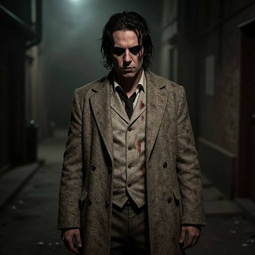 Photograph of a dark-haired man in a blood-stained brown suit, standing in a dimly lit, foggy alley at night.