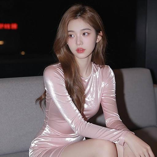 Photograph of a young Asian woman with long brown hair, wearing a shiny pink satin dress, sitting on a gray couch at night, illuminated by soft