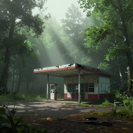 Photograph-style digital artwork of a deserted, sunlit gas station nestled in a dense, misty forest with sunlight filtering through tall trees.