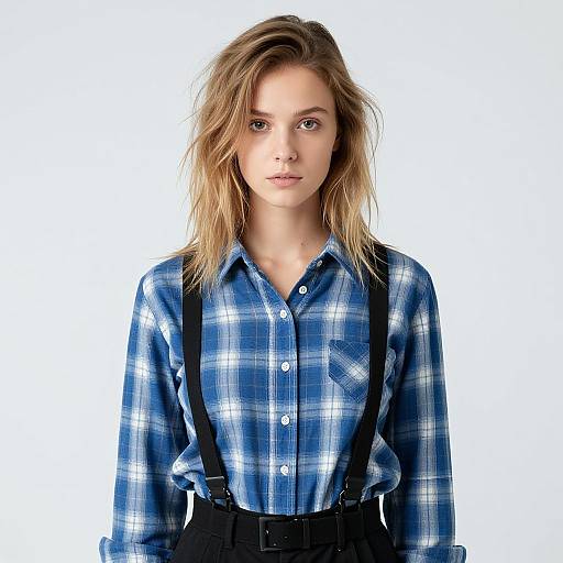 Photograph of a young blonde woman with tousled hair, wearing a blue plaid shirt, black suspenders, and black pants, against a white