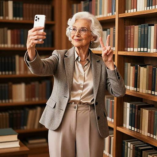 Elderly Woman Selfie in Cozy Library