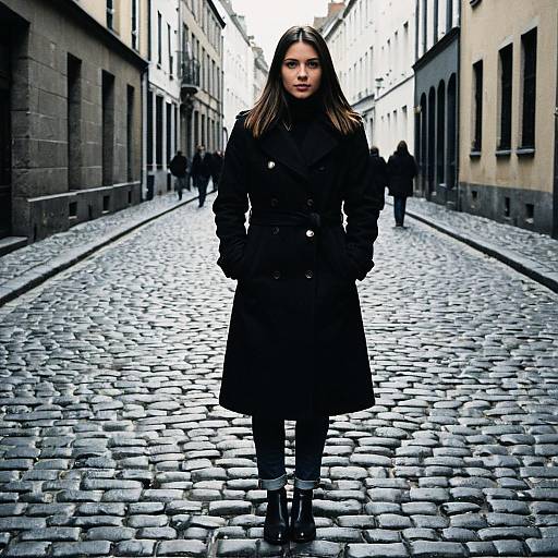 Woman in Black Mac Coat on Street