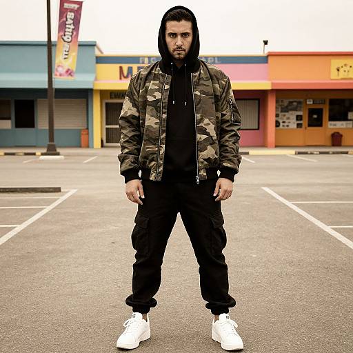 Photograph of a bearded man in a camouflage jacket, black hoodie, black pants, and white sneakers, standing in an empty parking lot with colorful