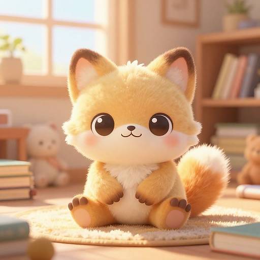 Cute, digital illustration of a fluffy, cartoon fox with large, shiny eyes, sitting on a sunlit wooden floor in a cozy, sunlit
