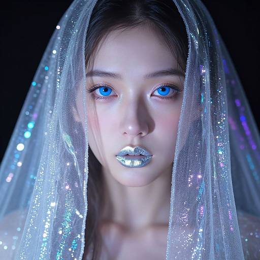Photograph of a woman with striking blue eyes, silver lips, and a sheer, glittery veil, illuminated against a dark background.