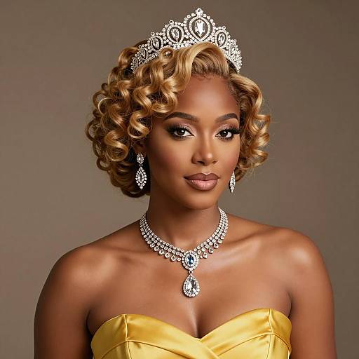Elegant Black Woman with Blonde Curly Updo and Diamond Tiara