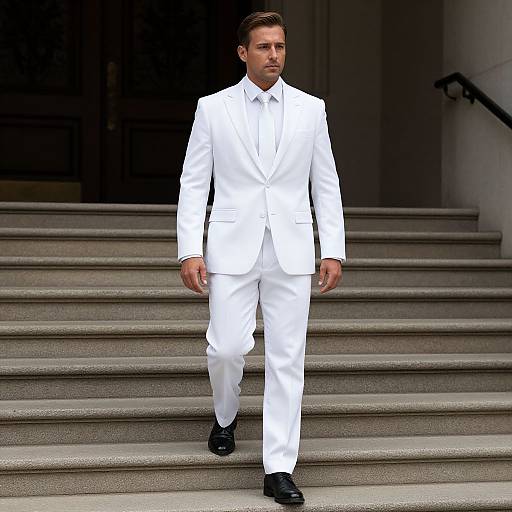 Man in White Suit Walking Down Stairs