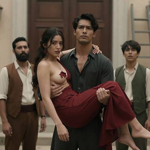 Man Carrying Woman in Torn Red Dress