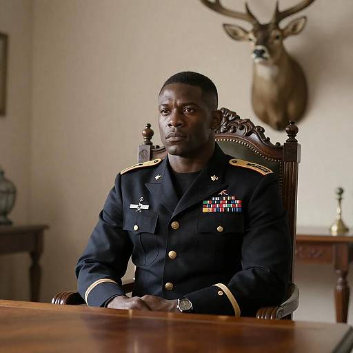 Sunlit Officer Portrait with Deer Mount