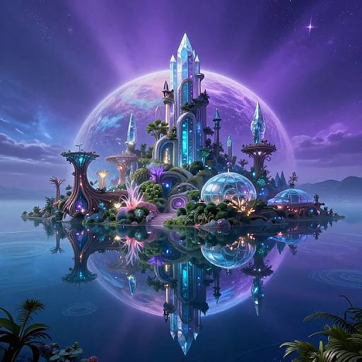 Fantastical, neon-lit floating castle with crystal spires and glowing orbs, surrounded by lush greenery and a reflective, starry purple lake